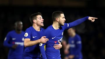 WATFORD, ENGLAND - FEBRUARY 05: Eden Hazard of Chelsea celebrates scoring the first Chelsea goal with Cesar Azpilicueta during the Premier League match between Watford and Chelsea at Vicarage Road on February 5, 2018 in Watford, England. (Photo by Catherine Ivill/Getty Images)
