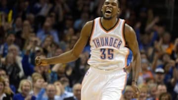 Dec 10, 2015; Oklahoma City, OK, USA; Oklahoma City Thunder forward Kevin Durant (35) reacts after a play against the Atlanta Hawks during the fourth quarter at Chesapeake Energy Arena. Mandatory Credit: Mark D. Smith-USA TODAY Sports