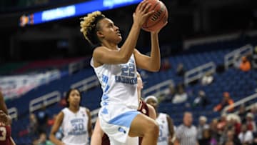 GREENSBORO, NC - FEBRUARY 28: North Carolina Tar Heels guard Paris Kea (22) shoots on a fast break during the ACC women's tournament game between the North Carolina Tar Heels and Boston College Eagles on February 28, 2018, at Greensboro Coliseum Complex in Greensboro, NC. (Photo by William Howard/Icon Sportswire via Getty Images)