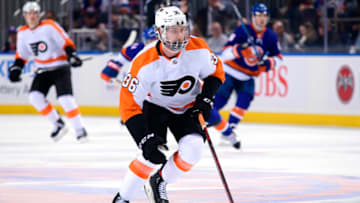 ELMONT, NEW YORK - JANUARY 25: Linus Sandin #36 of the Philadelphia Flyers skates against the New York Islanders as he plays in his first career NHL game at UBS Arena on January 25, 2022 in Elmont, New York. (Photo by Steven Ryan/Getty Images)