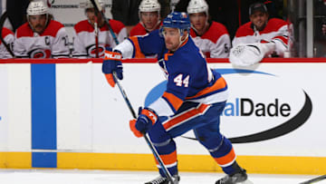 NEW YORK, NY - NOVEMBER 16: Calvin de Haan #44 of the New York Islanders skates against the Carolina Hurricanes at Barclays Center on November 16, 2017 in New York City. New York Islanders defeated the Carolina Hurricanes 6-4. (Photo by Mike Stobe/NHLI via Getty Images)