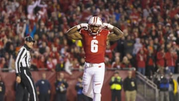 Nov 26, 2016; Madison, WI, USA; Wisconsin Badgers running back Corey Clement (6) celebrates after scoring a touchdown during the fourth quarter against the Minnesota Golden Gophers at Camp Randall Stadium. Mandatory Credit: Jeff Hanisch-USA TODAY Sports