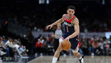WASHINGTON, DC - APRIL 09: Johnny Davis #1 of the Washington Wizards dribbles the ball against the Houston Rockets during the second half at Capital One Arena on April 9, 2023 in Washington, DC. NOTE TO USER: User expressly acknowledges and agrees that, by downloading and or using this photograph, User is consenting to the terms and conditions of the Getty Images License Agreement. (Photo by Scott Taetsch/Getty Images)