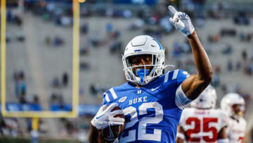 Sep 2, 2022; Durham, North Carolina, USA; Duke Blue Devils running back Jaylen Coleman (22) scores a touchdown during 1st half of the game against Temple University at Wallace Wade Stadium. Mandatory Credit: Jaylynn Nash-USA TODAY Sports