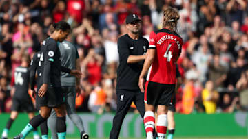 SOUTHAMPTON, ENGLAND - AUGUST 17: Liverpool manager / head coach Jurgen Klopp and Jannik Vestergaard of Southampton during the Premier League match between Southampton FC and Liverpool FC at St Mary's Stadium on August 17, 2019 in Southampton, United Kingdom. (Photo by James Williamson - AMA/Getty Images)