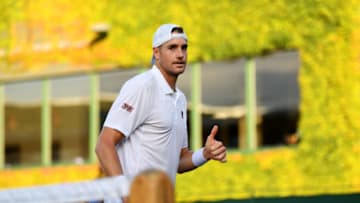 LONDON, ENGLAND - JULY 04: John Isner of The United States celebrates victory after the Gentlemen's Singles first round match against Taylor Fritz of The United States on day two of the Wimbledon Lawn Tennis Championships at the All England Lawn Tennis and Croquet Club on July 4, 2017 in London, England. (Photo by David Ramos/Getty Images)