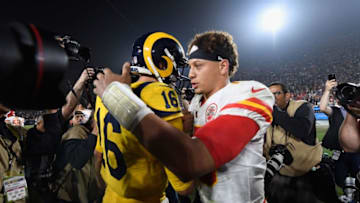 LOS ANGELES, CA - NOVEMBER 19: Quarterback Patrick Mahomes #15 of the Kansas City Chiefs (R) congratulates quarterback Jared Goff #16 of the Los Angeles Rams (L) after the Rams won the game with the score of 54-51 at Los Angeles Memorial Coliseum on November 19, 2018 in Los Angeles, California. (Photo by Kevork Djansezian/Getty Images)