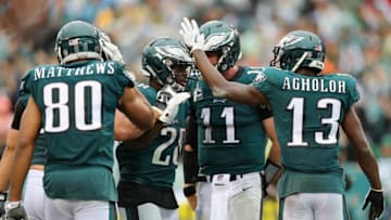 PHILADELPHIA, PA - SEPTEMBER 23: Running back Wendell Smallwood #28 of the Philadelphia Eagles celebrates his game-winning touchdown with teammates wide receiver Jordan Matthews #80, punter Cameron Johnston #1 and wide receiver Nelson Agholor #13 against the Indianapolis Colts during the fourth quarter at Lincoln Financial Field on September 23, 2018 in Philadelphia, Pennsylvania. The Philadelphia Eagles won 20-16. (Photo by Elsa/Getty Images)