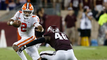 COLLEGE STATION, TX - SEPTEMBER 08: Kelly Bryant #2 of the Clemson Tigers avoids the tackle attempt by Landis Durham #46 of the Texas A&M Aggies in the fourth quarter at Kyle Field on September 8, 2018 in College Station, Texas. (Photo by Bob Levey/Getty Images)