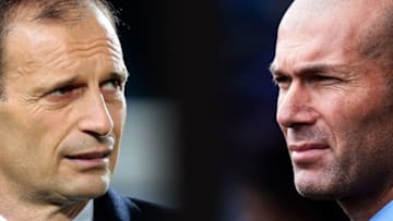 FILE PHOTO (EDITORS NOTE: GRADIENT ADDED - COMPOSITE OF TWO IMAGES - Image numbers (L) 674881574 and 930048502) In this composite image a comparison has been made between Juventus FC Head coach Massimiliano Allegri and Head coach Zinedine Zidane of Real Madrid . Juventus and Real Madrid meet in a UEFA Champions League Quarter Final over 2 legs. ***LEFT IMAGE*** BERGAMO, ITALY - APRIL 28: Juventus FC coach Massimiliano Allegri looks on before the Serie A match between Atalanta BC and Juventus FC at Stadio Atleti Azzurri d'Italia on April 28, 2017 in Bergamo, Italy. (Photo by Emilio Andreoli/Getty Images) ***RIGHT IMAGE*** EIBAR, SPAIN - MARCH 10: Head coach Zinedine Zidane of Real Madrid reacts during the La Liga match between SD Eibar and Real Madrid at Ipurua Municipal Stadium on March 10, 2018 in Eibar, Spain . (Photo by Juan Manuel Serrano Arce/Getty Images)