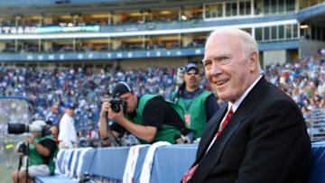 Former Seahawks head coach Chuck Knox waits on the bench before he is honored at halftime by the Seattle Seahawks. His name was added to the Ring of Honor at Qwest Field during the Arizona Cardinals vs. Seattle Seahawks game in Seattle on Saturday Sept. 24 2005. (Photo by Kevin Casey/NFLPhotoLibrary)