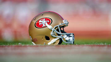 SANTA CLARA, CA - NOVEMBER 05: A detailed view of a San Francisco 49ers helmet is seen resting on the field during an NFL game between the Arizona Cardinals and the San Francisco 49ers on November 5, 2017 at Levi's Stadium in Santa Clara, CA. (Photo by Robin Alam/Icon Sportswire via Getty Images)