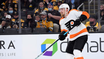 Sep 30, 2021; Boston, Massachusetts, USA; Philadelphia Flyers defenseman Rasmus Ristolainen (70) passes the puck during the second period against the Boston Bruins at TD Garden. Mandatory Credit: Bob DeChiara-USA TODAY Sports