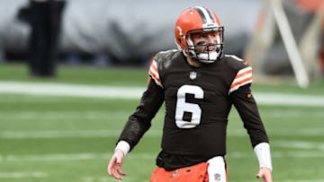 Nov 1, 2020; Cleveland, Ohio, USA; Cleveland Browns quarterback Baker Mayfield (6) walks off the field during a time out in the first half against the Las Vegas Raiders at FirstEnergy Stadium. Mandatory Credit: Ken Blaze-USA TODAY Sports
