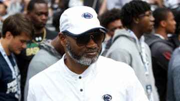 Apr 13, 2019; University Park, PA, USA; Penn State Nittany Lions assistant head coach and defensive recruiting coordinator and cornerbacks coach Terry Smith walks onto the field prior to the Blue White spring game at Beaver Stadium. Mandatory Credit: Matthew O'Haren-USA TODAY Sports