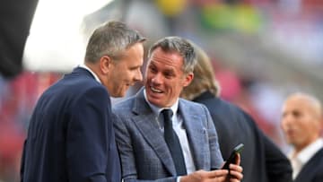 MADRID, SPAIN - JUNE 01: Dietmar Hamann and Jamie Carragher, former Liverpool players share a joke prior to the UEFA Champions League Final between Tottenham Hotspur and Liverpool at Estadio Wanda Metropolitano on June 01, 2019 in Madrid, Spain. (Photo by Michael Regan/Getty Images)