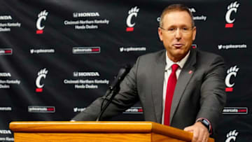 Cincinnati Bearcats head football coach Scott Satterfield speaks during a press conference at Fifth Third Arena. The Enquirer.