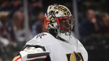 DENVER, CO - MARCH 27: Goaltender Malcolm Subban #30 of the Vegas Golden Knights stands ready against the Colorado Avalanche at the Pepsi Center on March 27, 2019 in Denver, Colorado. (Photo by Michael Martin/NHLI via Getty Images)