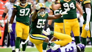 GREEN BAY, WISCONSIN - SEPTEMBER 15: Za'Darius Smith #55 of the Green Bay Packers reacts in the first quarter against the Minnesota Vikings at Lambeau Field on September 15, 2019 in Green Bay, Wisconsin. (Photo by Quinn Harris/Getty Images)