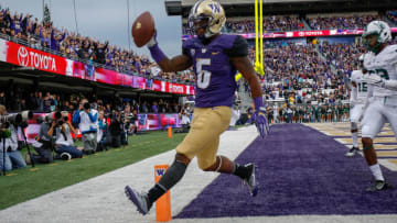 SEATTLE, WA - SEPTEMBER 17: Wide receiver Chico McClatcher #6 of the Washington Huskies scores a touchdown against the Portland State Vikings in the second quarter on September 17, 2016 at Husky Stadium in Seattle, Washington. (Photo by Otto Greule Jr/Getty Images)