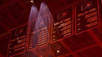 PHILADELPHIA, PENNSYLVANIA - FEBRUARY 24: Hall of Fame banners hang at Wells Fargo Center in a game between the Philadelphia Flyers and the New York Rangers on February 24, 2021 in Philadelphia, Pennsylvania. (Photo by Tim Nwachukwu/Getty Images)