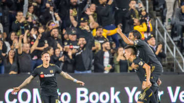 LOS ANGELES, CA - OCTOBER 29: Eduard Atuesta #20 of Los Angeles FC celebrates his goal during the MLS Western Conference Final between Los Angeles FC and Seattle Sounders at the Banc of California Stadium on October 29, 2019 in Los Angeles, California. Seattle Sounders won the match 3-1 (Photo by Shaun Clark/Getty Images)
