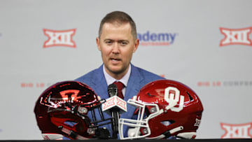 Jul 14, 2021; Arlington, TX, USA; Oklahoma Sooners head coach Lincoln Riley speaks to the media during Big 12 media days at AT&T Stadium. Mandatory Credit: Kevin Jairaj-USA TODAY Sports