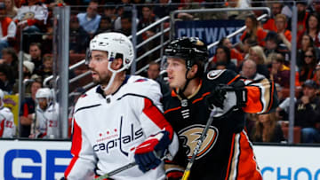 ANAHEIM, CA - MARCH 6: Matt Niskanen #2 of the Washington Capitals battles for position against Rickard Rakell #67 of the Anaheim Ducks during the game on March 6, 2018 at Honda Center in Anaheim, California. (Photo by Debora Robinson/NHLI via Getty Images)