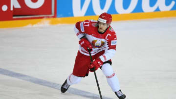 Belarus' forward Yegor Sharangovich (Photo by GINTS IVUSKANS/AFP via Getty Images)