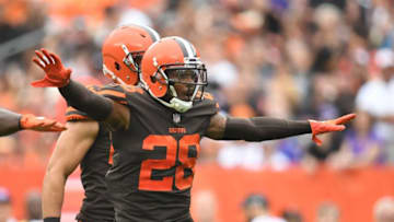 CLEVELAND, OH - OCTOBER 07: E.J. Gaines #28 of the Cleveland Browns celebrates after a blocked pass in the first quarter against the Baltimore Ravens at FirstEnergy Stadium on October 7, 2018 in Cleveland, Ohio. (Photo by Jason Miller/Getty Images)