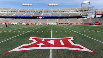 Oct 21, 2023; Houston, Texas, USA; General view of the Big 12 logo on the field at TDECU Stadium before the game between the Houston Cougars and the Texas Longhorns. Mandatory Credit: Troy Taormina-USA TODAY Sports