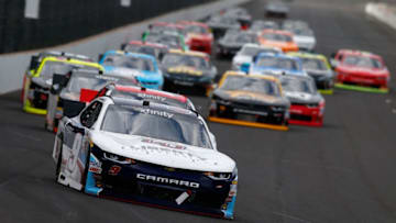 INDIANAPOLIS, IN - JULY 22: William Byron, driver of the #9 Liberty University Chevrolet, leads a pack of cars during the NASCAR XFINITY Series Lilly Diabetes 250 at Indianapolis Motorspeedway on July 22, 2017 in Indianapolis, Indiana. (Photo by Sean Gardner/Getty Images)