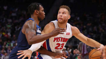 DETROIT, MICHIGAN - NOVEMBER 11: Blake Griffin #23 of the Detroit Pistons tries to get around the defense of Treveon Graham #12 of the Minnesota Timberwolves at Little Caesars Arena on November 11, 2019 in Detroit, Michigan. Minnesota won the game 120-114. NOTE TO USER: User expressly acknowledges and agrees that, by downloading and or using this photograph, User is consenting to the terms and conditions of the Getty Images License Agreement. (Photo by Gregory Shamus/Getty Images)