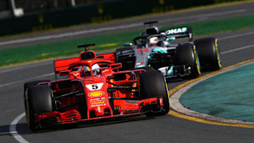 MELBOURNE, AUSTRALIA - MARCH 25: Sebastian Vettel of Germany driving the (5) Scuderia Ferrari SF71H leads Lewis Hamilton of Great Britain driving the (44) Mercedes AMG Petronas F1 Team Mercedes WO9 (Photo by Mark Thompson/Getty Images)