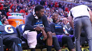 Jan 2, 2017; Chicago, IL, USA; Charlotte Hornets center Roy Hibbert (55) sits on the bench during the first half against the Chicago Bulls at the United Center. Mandatory Credit: Dennis Wierzbicki-USA TODAY Sports