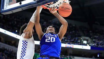 INDIANAPOLIS, IN - NOVEMBER 06: Marques Bolden #20 of the Duke Blue Devils dunks the ball against the kentucky Wildcats during the State Farm Champions Classic at Bankers Life Fieldhouse on November 6, 2018 in Indianapolis, Indiana. (Photo by Andy Lyons/Getty Images)