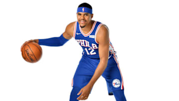 CAMDEN, NJ - JULY 12: Tobias Harris #12 of the Philadelphia 76ers poses for a portrait on July 12, 2019 at the Philadelphia 76ers Training Complex in Camden, New Jersey. NOTE TO USER: User expressly acknowledges and agrees that, by downloading and/or using this photograph, user is consenting to the terms and conditions of the Getty Images License Agreement. Mandatory Copyright Notice: Copyright 2019 NBAE (Photo by Jesse D. Garrabrant/NBAE via Getty Images)