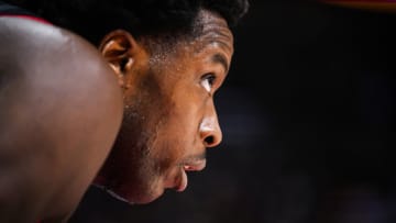 TORONTO, ON - NOVEMBER 5: OG Anunoby #3 of the Toronto Raptors looks on against the Cleveland Cavaliers during the first half of their basketball game at the Scotiabank Arena on November 5, 2021 in Toronto, Ontario, Canada. NOTE TO USER: User expressly acknowledges and agrees that, by downloading and/or using this Photograph, NOTE TO USER: User is consenting to the terms and conditions of the Getty Images License Agreement. (Photo by Mark Blinch/Getty Images)