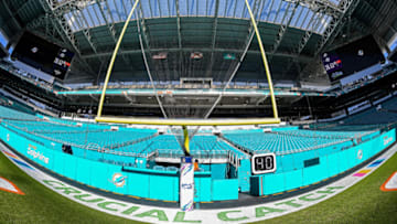 MIAMI, FLORIDA - OCTOBER 13 A general view of the endzone and the NFL Crucial Catch logo prior to the game between the Miami Dolphins and the Washington Redskins at Hard Rock Stadium on October 13, 2019 in Miami, Florida. (Photo by Mark Brown/Getty Images)