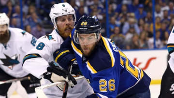 May 23, 2016; St. Louis, MO, USA; San Jose Sharks center Joe Pavelski (8) skates against St. Louis Blues center Paul Stastny (26) in the third period in game five of the Western Conference Final of the 2016 Stanley Cup Playoffs at Scottrade Center. Mandatory Credit: Aaron Doster-USA TODAY Sports