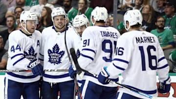 Morgan Rielly #44, Auston Matthews #34, Nazem Kadri #43, John Tavares #91 and Mitchell Marner #16 of the Toronto Maple Leafs. (Photo by Ronald Martinez/Getty Images)