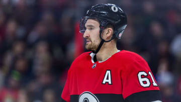 OTTAWA, ON - JANUARY 06: Ottawa Senators Right Wing Mark Stone (61) waits for a face-off during first period National Hockey League action between the Tampa Bay Lightning and Ottawa Senators on January 6, 2018, at Canadian Tire Centre in Ottawa, ON, Canada. (Photo by Richard A. Whittaker/Icon Sportswire via Getty Images)