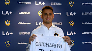 CARSON, CALIFORNIA - JANUARY 23: Javier "Chicharito" Hernandez poses with his jersey during a press conference at Dignity Health Sports Park on January 23, 2020 in Carson, California. (Photo by Harry How/Getty Images)