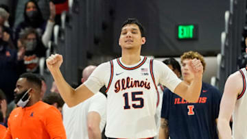 Jan 29, 2022; Evanston, Illinois, USA; Illinois Fighting Illini guard RJ Melendez (15) celebrates Illinois win against the Northwestern Wildcats at Welsh-Ryan Arena. Mandatory Credit: David Banks-USA TODAY Sports