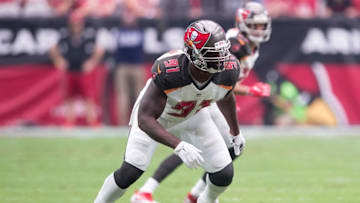 Sep 18, 2016; Glendale, AZ, USA; Tampa Bay Buccaneers defensive end Robert Ayers (91) in action during the game in action during the game against the Arizona Cardinals at University of Phoenix Stadium. The Cardinals defeat the Buccaneers 40-7. Mandatory Credit: Jerome Miron-USA TODAY Sports