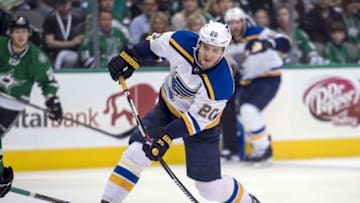 Apr 29, 2016; Dallas, TX, USA; St. Louis Blues left wing Alexander Steen (20) shoots the puck on the Dallas Stars zone during the first period in game one of the second round of the 2016 Stanley Cup Playoffs at the American Airlines Center. Mandatory Credit: Jerome Miron-USA TODAY Sports