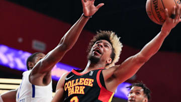 COLLEGE PARK, GA - NOVEMBER 21: Charles Brown Jr. #2 of the College Park Skyhawks puts up a basket in front of Terry Harris #1 of the Delaware Blue Coats during the fourth quarter of an NBA G-League game on November 21, 2019 at Gateway Center Arena in Atlanta, Georgia. NOTE TO USER: User expressly acknowledges and agrees that, by downloading and or using this photograph, User is consenting to the terms and conditions of the Getty Images License Agreement. Mandatory Copyright Notice: Copyright 2019 NBAE (Photo by Carmen Mandato/NBAE via Getty Images)