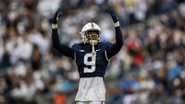 STATE COLLEGE, PA - OCTOBER 23: Joey Porter Jr. #9 of the Penn State Nittany Lions interacts with fans during the second half of the game against the Illinois Fighting Illini at Beaver Stadium on October 23, 2021 in State College, Pennsylvania. (Photo by Scott Taetsch/Getty Images)