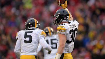 MADISON, WI - NOVEMBER 11: Jake Gervase #30 of the Iowa Hawkeyes reacts after intercepting a pass during the first quarter of a game against the Wisconsin Badgers at Camp Randall Stadium on November 11, 2017 in Madison, Wisconsin. (Photo by Stacy Revere/Getty Images)