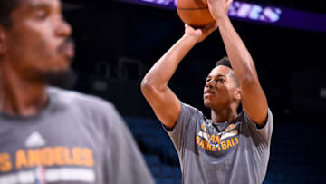 Ontario, CA - OCTOBER 9: Anthony Brown #3 of the Los Angeles Lakers shoots the ball before a preseason game against the Denver Nuggets on October 9, 2016 at Citizens Business Bank Arena in Ontario, California. NOTE TO USER: User expressly acknowledges and agrees that, by downloading and/or using this Photograph, user is consenting to the terms and conditions of the Getty Images License Agreement. Mandatory Copyright Notice: Copyright 2016 NBAE (Photo by Juan Ocampo/NBAE via Getty Images)